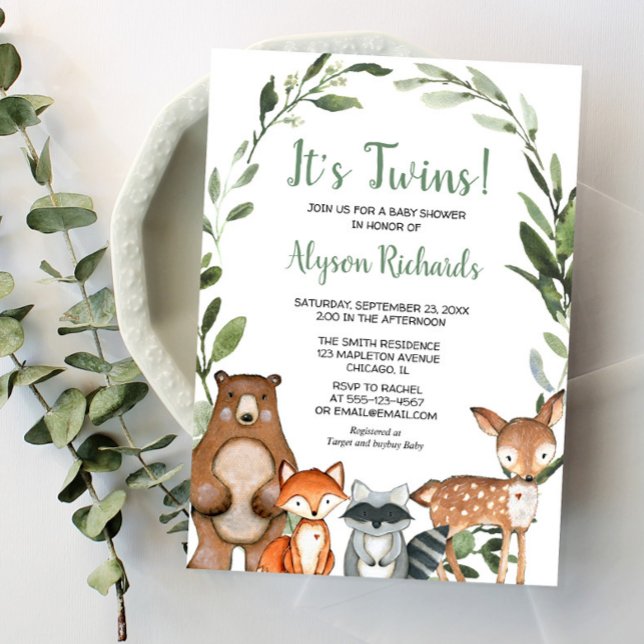 Invitation Jumeaux baby shower vert bois neutre genre (Créateur téléchargé)
