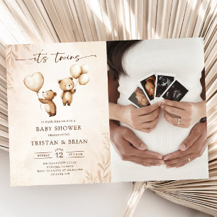 Invitation Jumeaux Ballons Ourson Photo Baby Shower