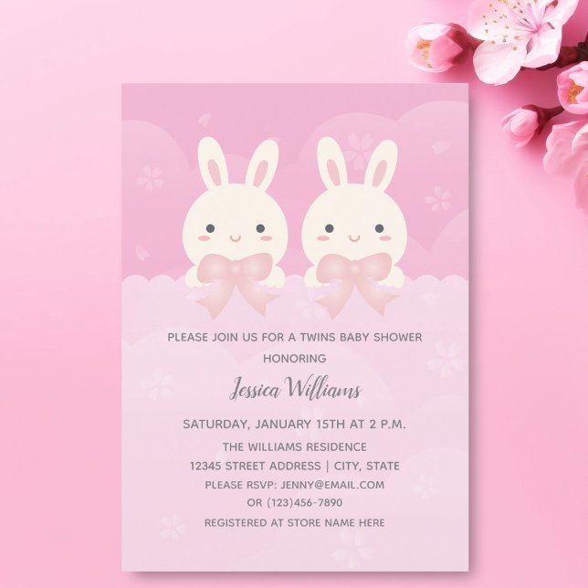 Invitation Jumeaux Bébé Fille Lapin Baby shower à thème (Créateur téléchargé)