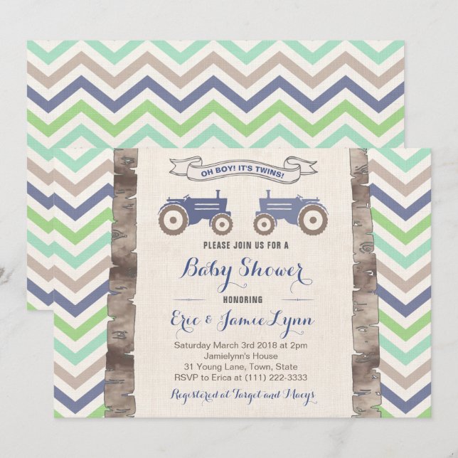 Invitation Jumeaux bleu vert tracteur chevron baby shower (Devant / Derrière)