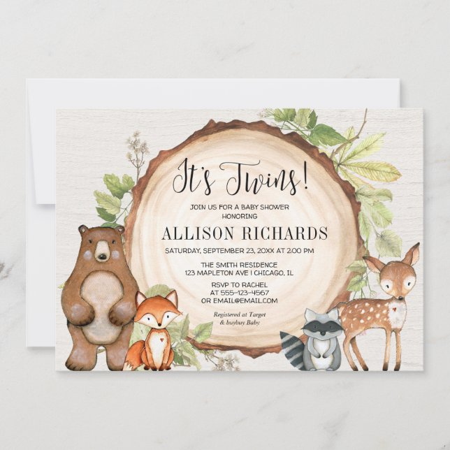 Invitation Jumeaux bois rustique baby shower neutre genre (Devant)