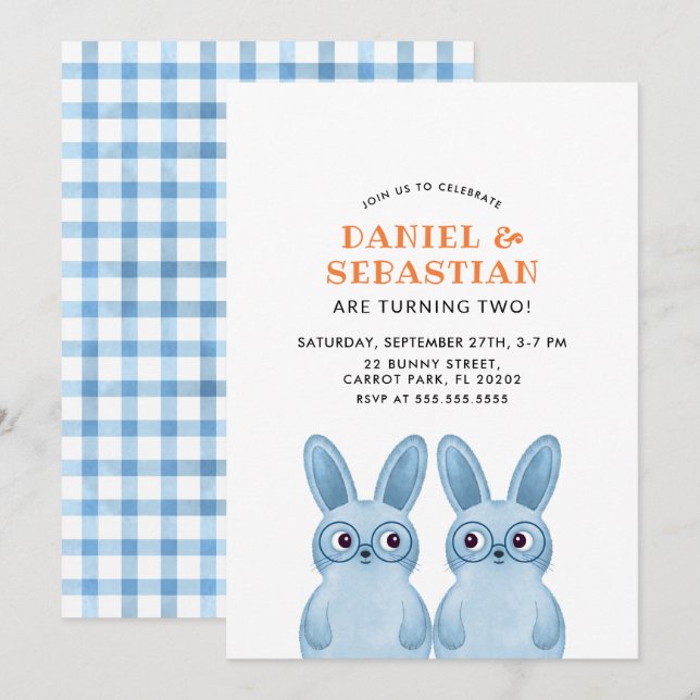 Invitation Jumeaux Bunny fête d'anniversaire pour bébés garço (Devant / Derrière)