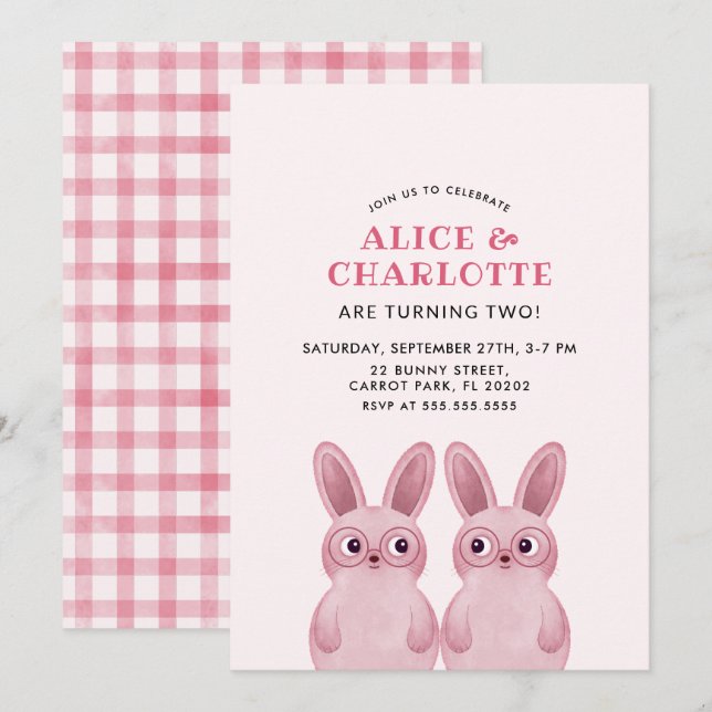 Invitation Jumeaux Bunny fête d'anniversaire pour les filles  (Devant / Derrière)