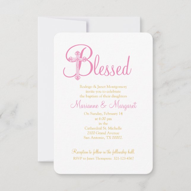 Invitation jumeaux CHRISTENING ou croix d'or rose BAPTISM (Devant)
