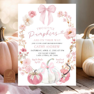 Invitation Jumeaux Coquette Citrouille Florale Ruban Blanc et