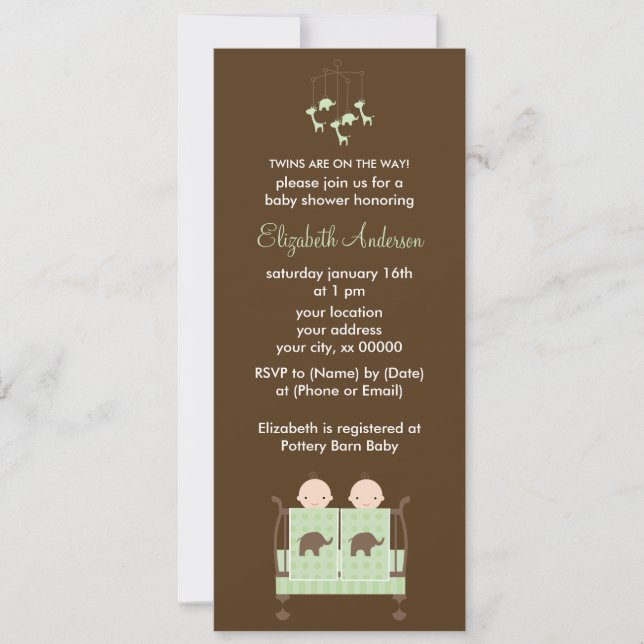 Invitation Jumeaux dans le baby shower vert de huche (Devant)