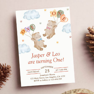 Invitation Jumeaux de filles - Fête Nounours Anniversaire