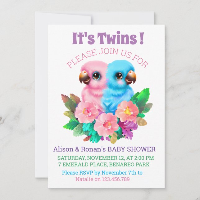 Invitation Jumeaux de perroquets pour bébés (Devant)