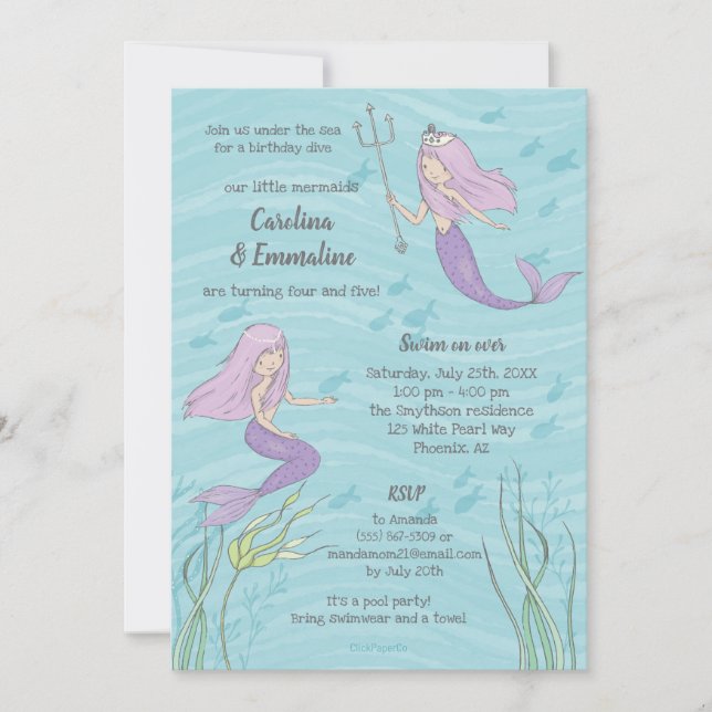 Invitation Jumeaux de sirène pourpre ou soeurs Anniversaire (Devant)