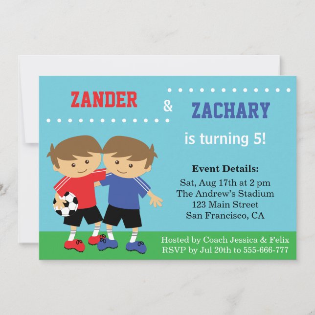 Invitation Jumeaux de soccer, Anniversaire de enfant de socce (Devant)