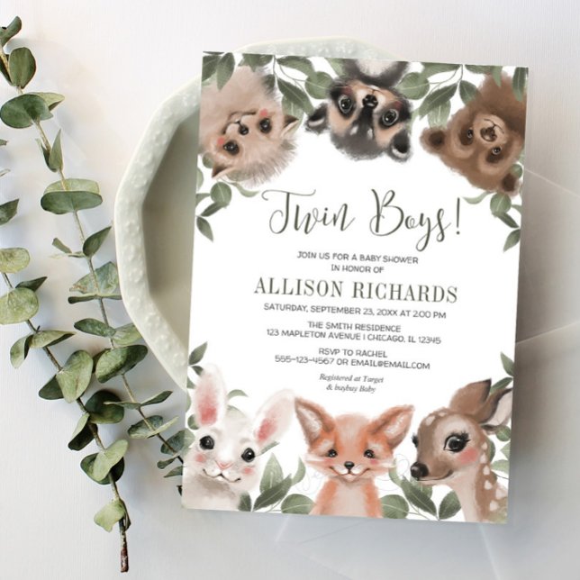 Invitation Jumeaux de verdure baby shower des animaux de la f (Créateur téléchargé)