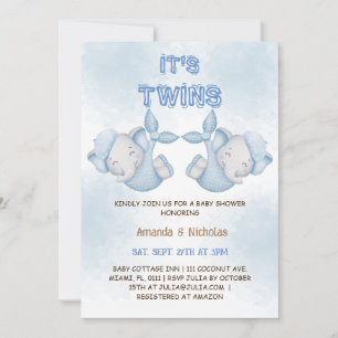 Invitation Jumeaux éléphants garçons Shower bébé bleu poussié