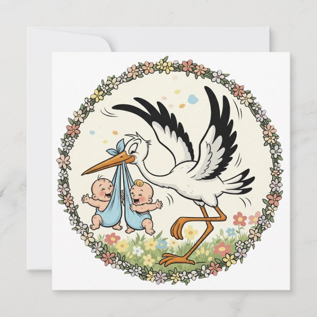 Invitation Jumeaux et cigogne design vintage (Devant)