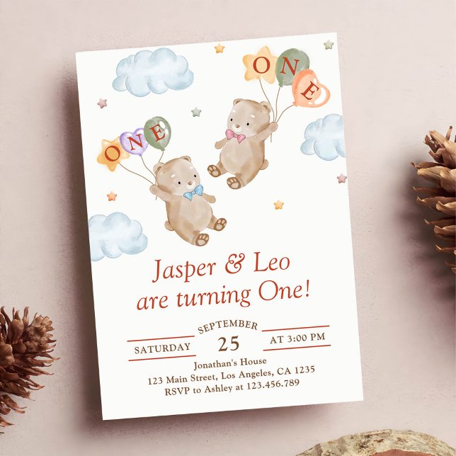 Invitation Jumeaux Fille Garçon - Anniversaire Fête des Ours  (Créateur téléchargé)