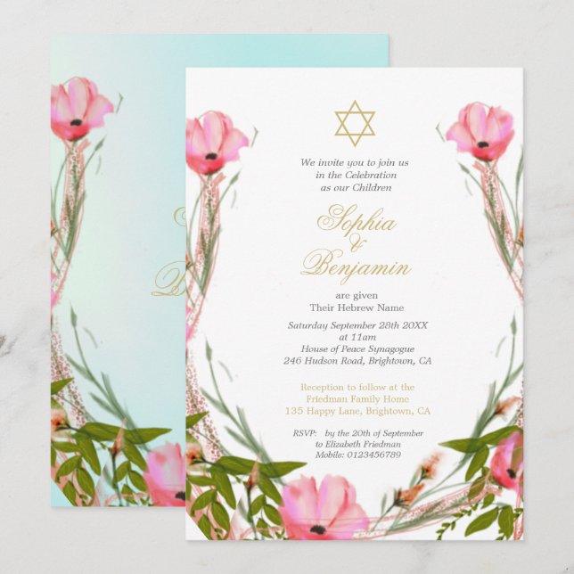 Invitation Jumeaux Floral Baby Naming Star de David (Devant / Derrière)