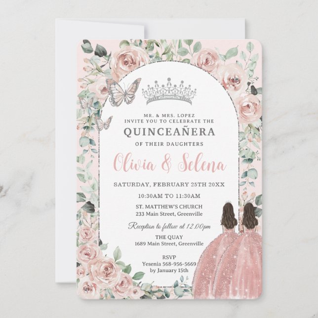 Invitation Jumeaux floraux bleus Princesses Silver Quinceañer (Devant)
