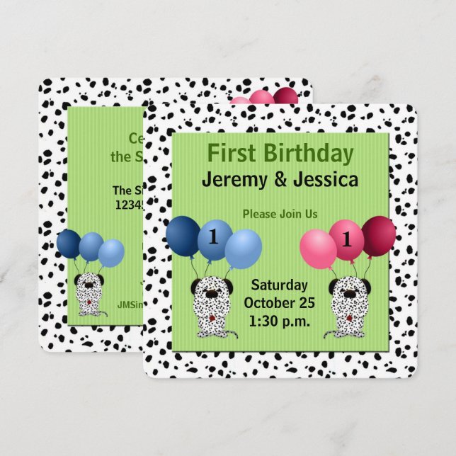 Invitation Jumeaux fraternel 1er anniversaire fête avec vert (Devant / Derrière)