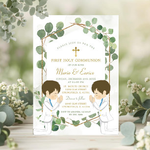 Invitation Jumeaux Garçon Eucalyptus Vert doré Communion sole