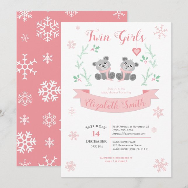 Invitation Jumeaux Girls Cute Ourse douchette hivernale (Devant / Derrière)