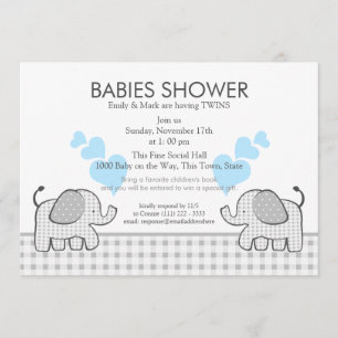 Invitation Jumeaux gris En vichy Baby shower bleu