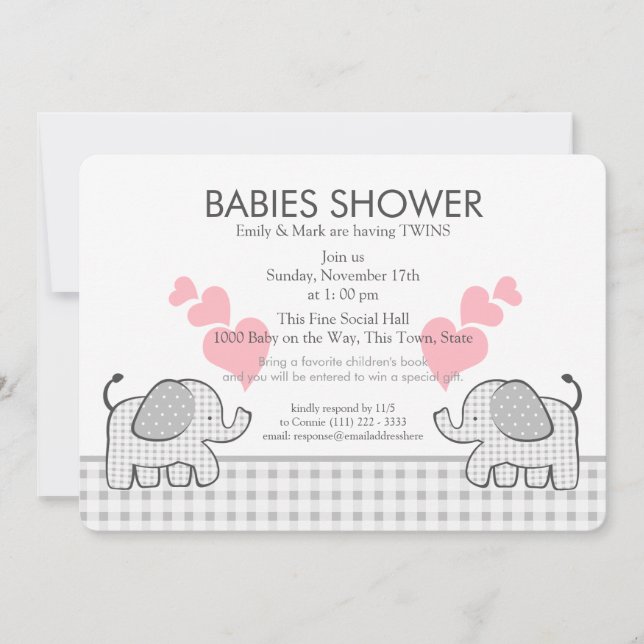 Invitation Jumeaux gris rose En vichy Baby shower (Devant)