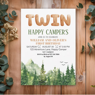 Invitation Jumeaux Happy Campers Bois Forêt Verte 1er Anniver