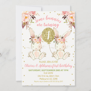 Invitation Jumeaux Lapin Floral Rose Or 1er Anniversaire