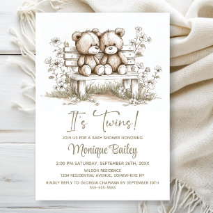 Invitation Jumeaux Ours en Peluche Rustique Baby Shower