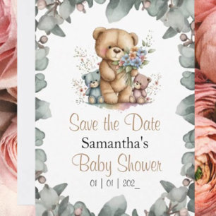Invitation Jumeaux Ours en Peluche Vert Aquarelle  la Date