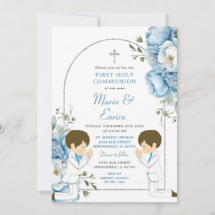 Invitation Jumeaux priant 1ère communion Arc bleu poussiéreux