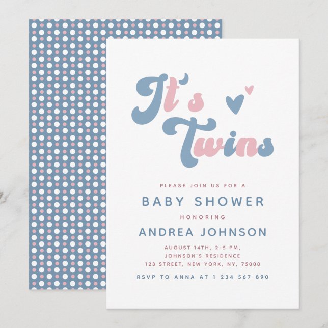 Invitation Jumeaux Retro Super rose et bleu Baby shower point (Devant / Derrière)
