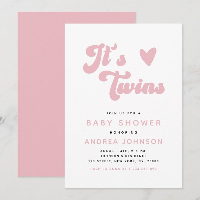Invitation Jumeaux Super rose Retro Girl Twins Baby shower mi (Devant / Derrière)
