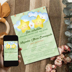 Invitation Jumeaux Verts Bébé Shower Petites Étoiles Espagnol