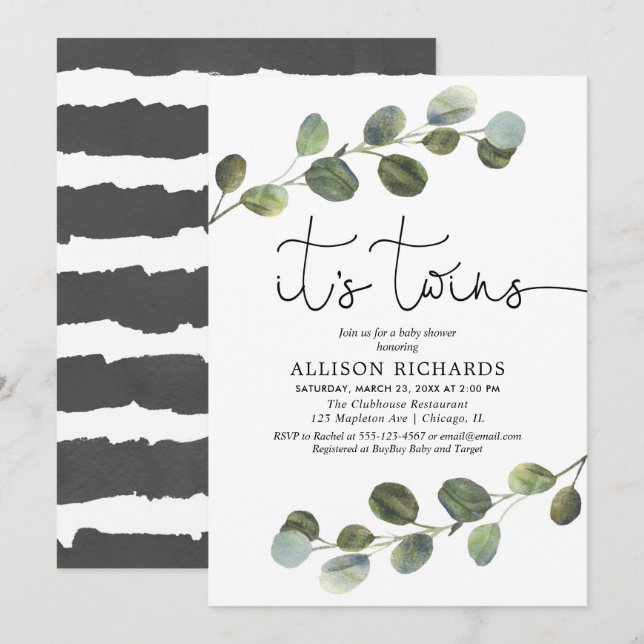 Invitation Jumelle le baby shower de blanc de noir de verdure (Devant / Derrière)