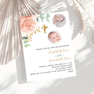 Invitation Jumelles baptême filles fleurs rose gold photo