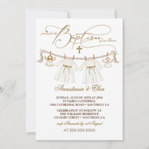 Invitation Jumelles Filles Vintage Boho Baptême