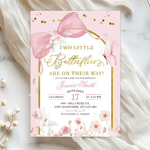 Invitation Jumelles Fushia Rose Coquette Papillon Baby Shower