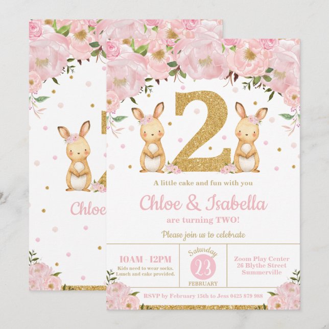 Invitation Jumelles jumelles Bunny Rabbit 2e anniversaire (Devant / Derrière)