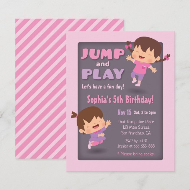 Invitation Jump and Play Cute Girls Trampoline Birthday Party (Devant / Derrière)