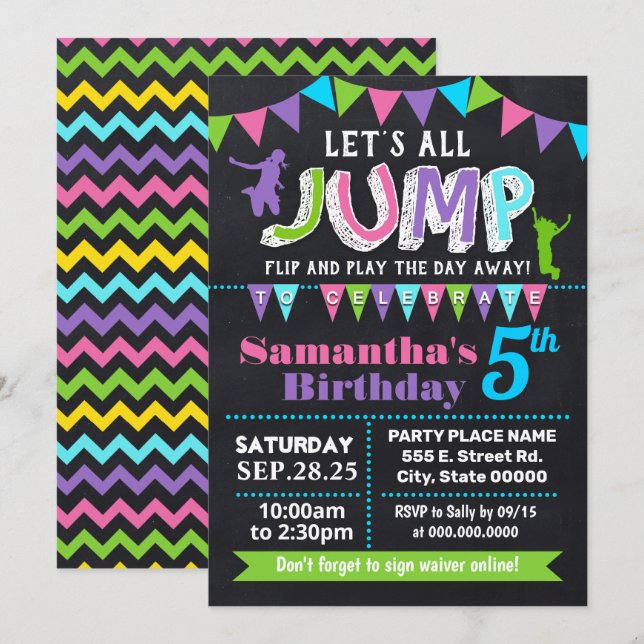 Invitation Jump anniversaire trampoline pink babyfoot (Devant / Derrière)