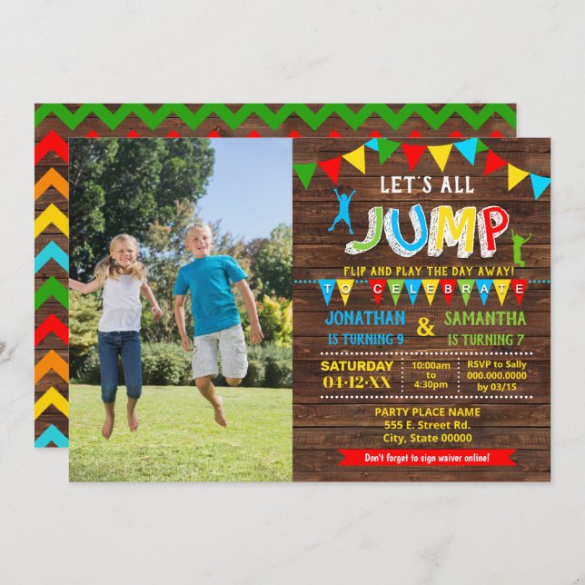 Invitation Jump anniversaire trampoline rebond fête combinée (Devant / Derrière)