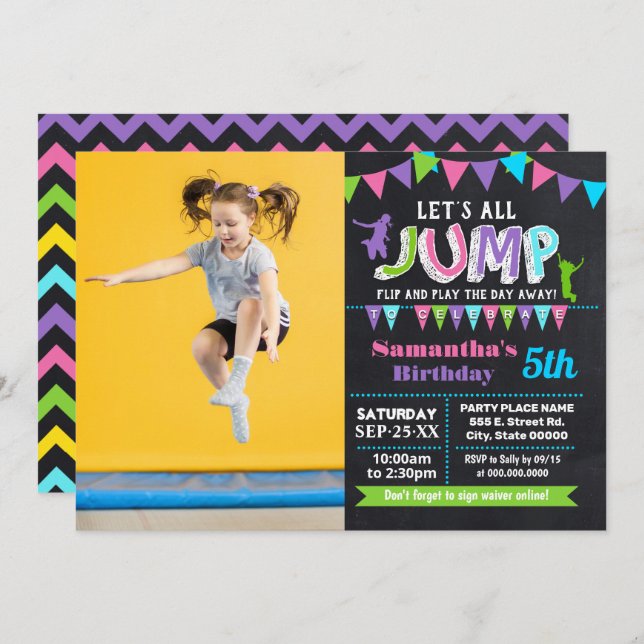 Invitation Jump anniversaire trampoline rose palkboard photo (Devant / Derrière)