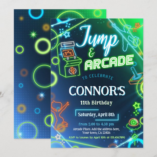 Invitation Jump Arcade Neon Glow Anniversaire (Devant / Derrière)