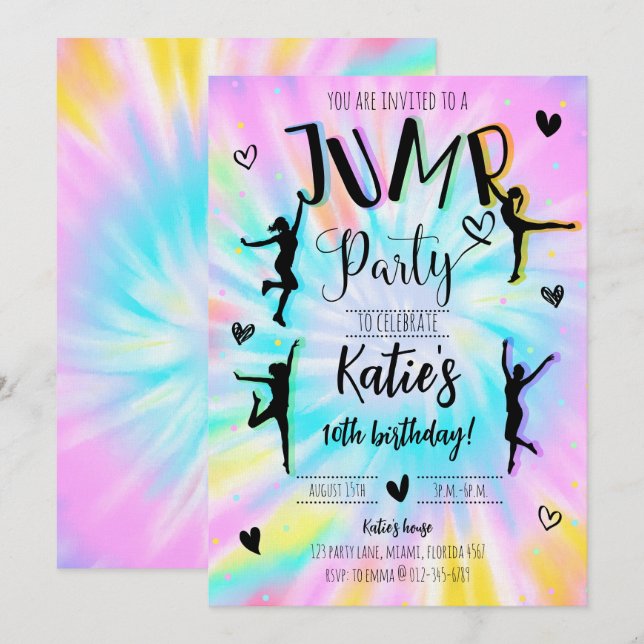 Invitation Jump Girl Tie Dye fête d'anniversaire (Devant / Derrière)