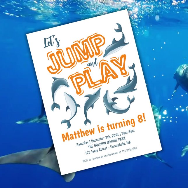 Invitation Jump Play Dolphin Park Enfants Fête Orange Anniver (Jump Play Dolphin Park Kids Party Orange Birthday Invitation)