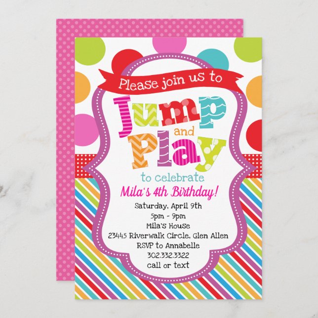 Invitation Jump & Play Polka Dot Strip Party (Devant / Derrière)