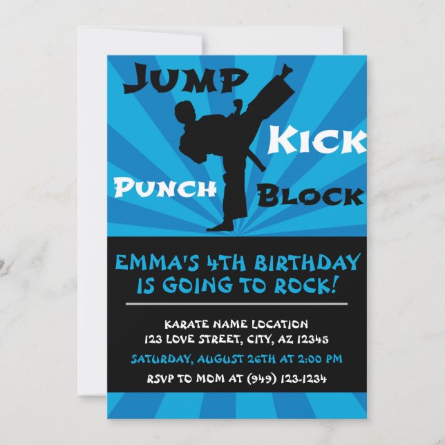 Invitation Jump Punch Kick Block Karate Party Anniversaire (Devant)