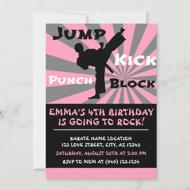 Invitation Jump Punch Kick Block Karate Party Anniversaire (Devant)