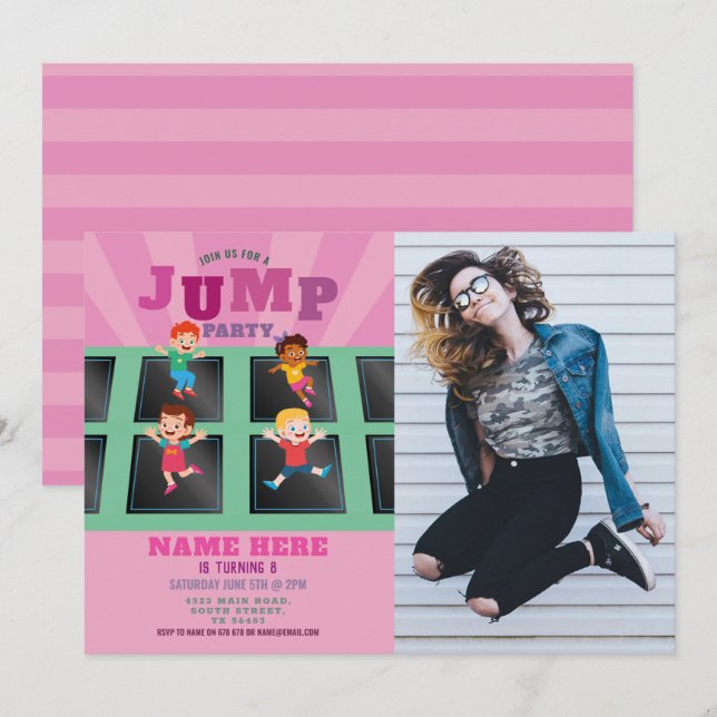 Invitation Jump Trampoline Birthday Girls Pink Photo (Devant / Derrière)