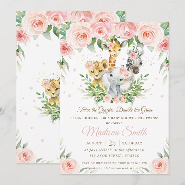 Invitation Jungle Animal Blush rose Floral Twins Baby shower (Devant / Derrière)
